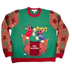 Ugly Christmas Sweater Green and Red Reindeer Crewneck